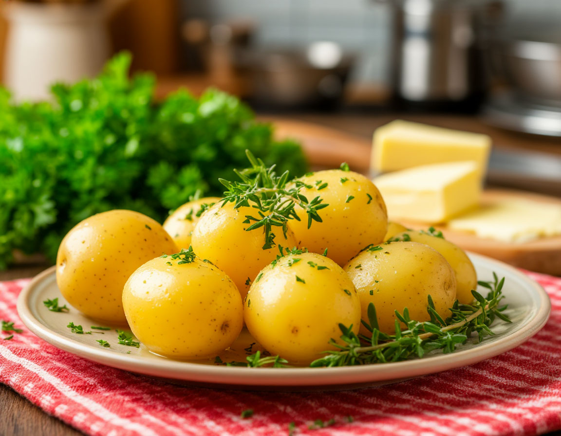 Свежий вареный картофель на тарелке с зеленью, кусочек сливочного масла, на фоне кухни в светлых тонах