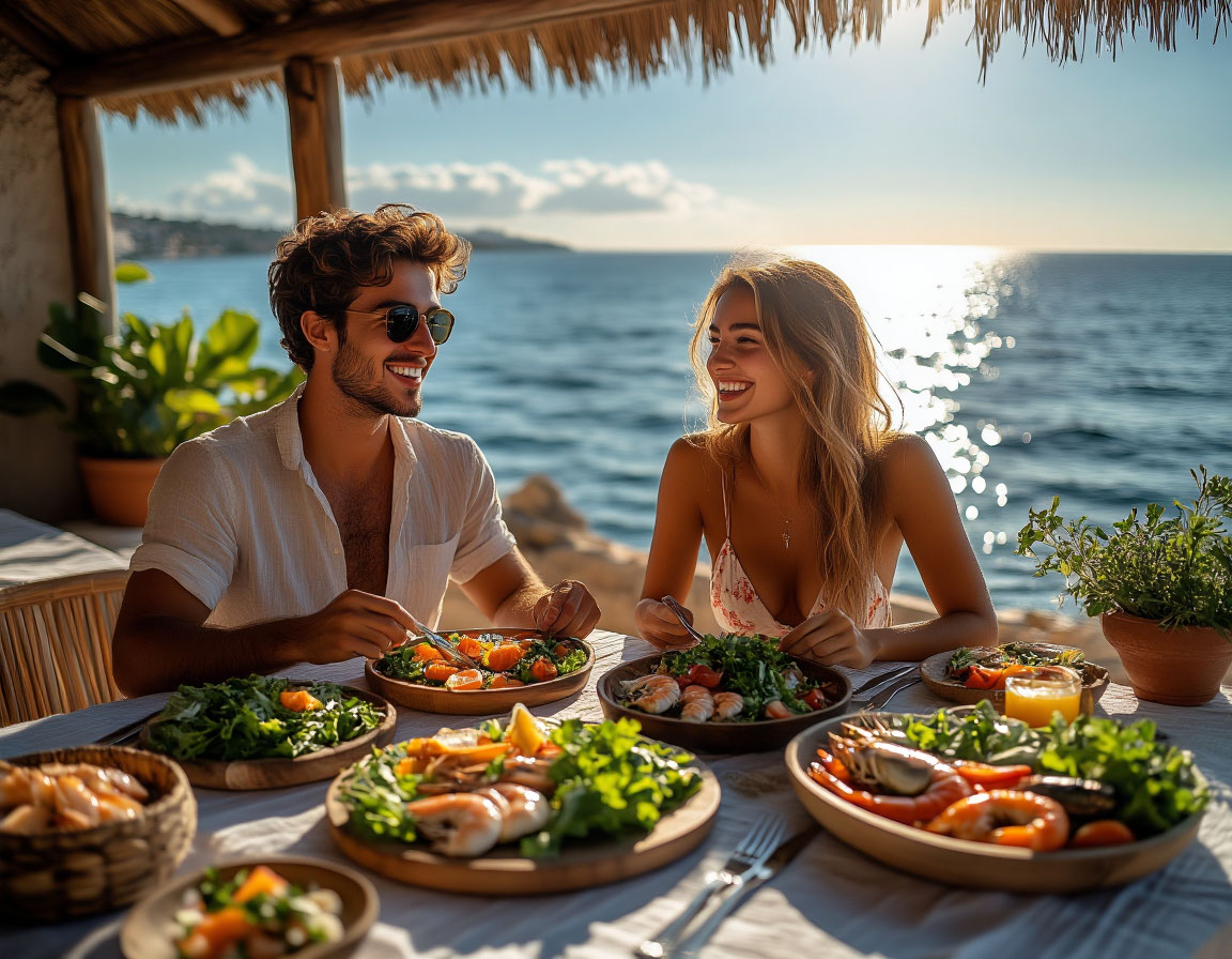 Фото — молодая пара в пляжной одежде счастливо обедает на террасе с видом на море. На столе салаты, морепродукты и много свежей зелени