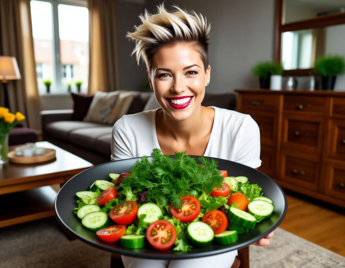 Фото — современная женщина с улыбкой держит тарелку с ярким салатом и овощами, приятный уютный интерьер