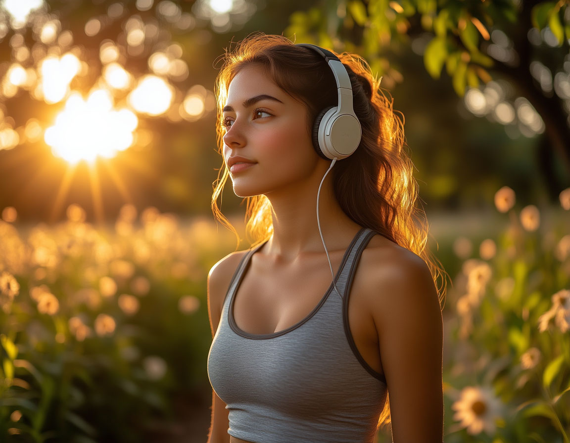 Фото — женщина в спортивной одежде на свежем воздухе, медитирует или гуляет с наушниками, в окружении зелени и солнца