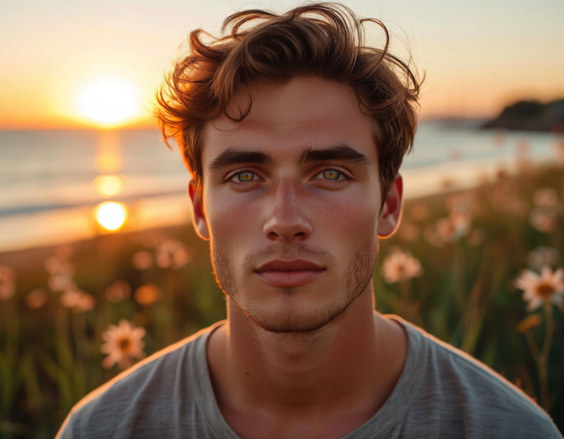 Мужчина с добрым взглядом на фоне рассвета