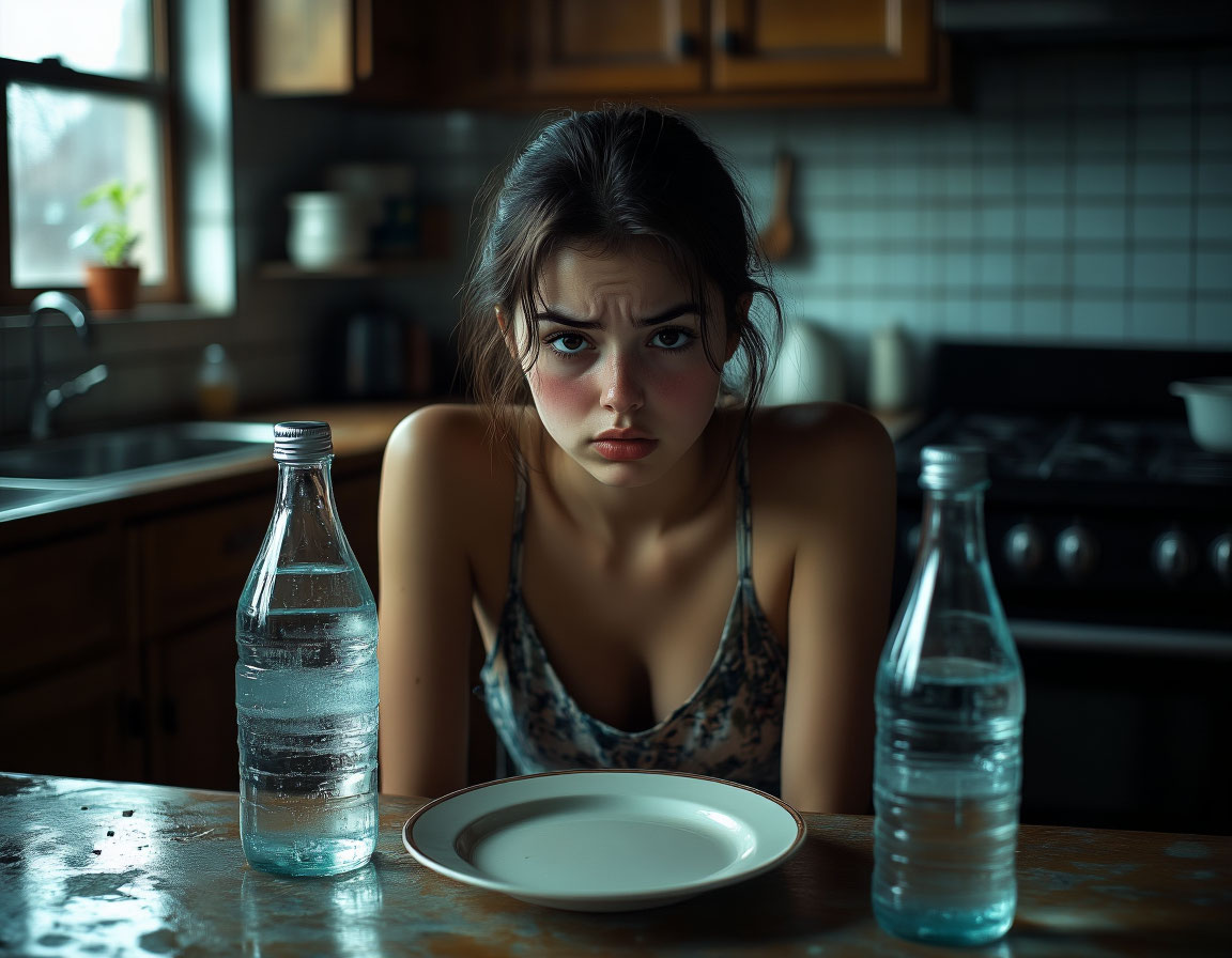 Фото — девушка печально смотрит, рядом пустая тарелка и бутылка воды, фон — унылая кухня