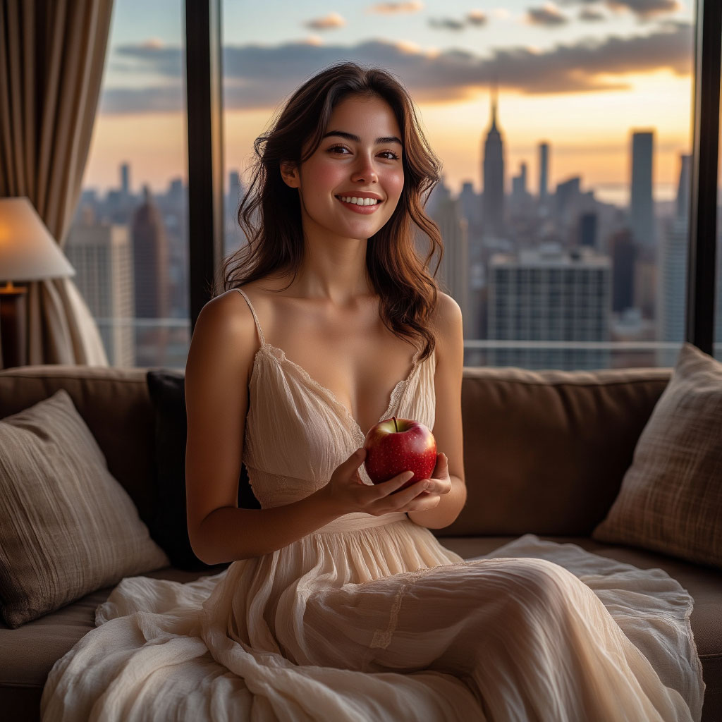 Актриса, соблюдающая актерскую диету, держит в руках яблоко