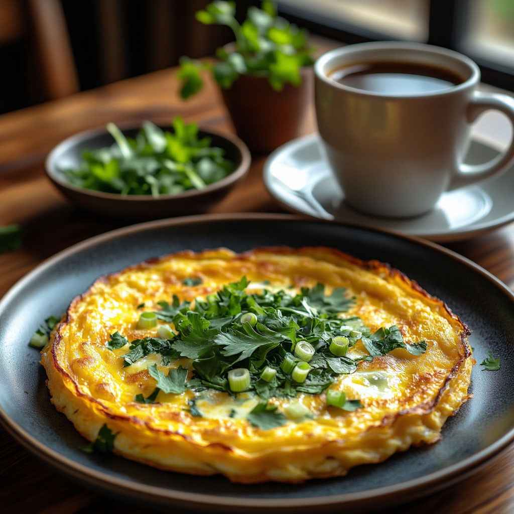 Фото аппетитной яичницы с зеленью на тарелке, рядом чашка кофе