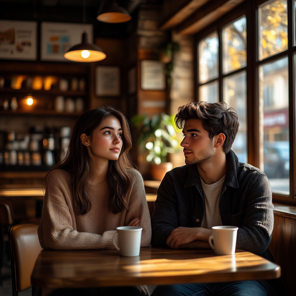 Пара, сидящая вместе в уютном кафе, девушка задумчива, парень внимательно слушает