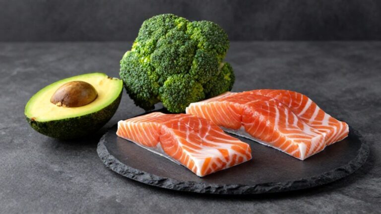 Полезные продукты для уменьшения живота: авокадо, брокколи и лосось на каменной столешнице.