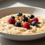 Тарелка полезной каши с ягодами и орехами на завтрак в лучах утреннего солнца.