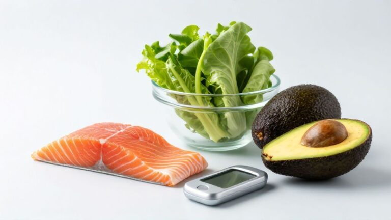 Набор продуктов для правильного питания при диабете 2 типа: лосось, спаржа, авокадо и глюкометр.