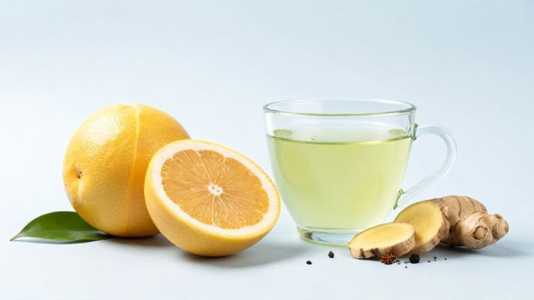 грейпфрут, имбирь, зеленый чай и специи на светлом фоне