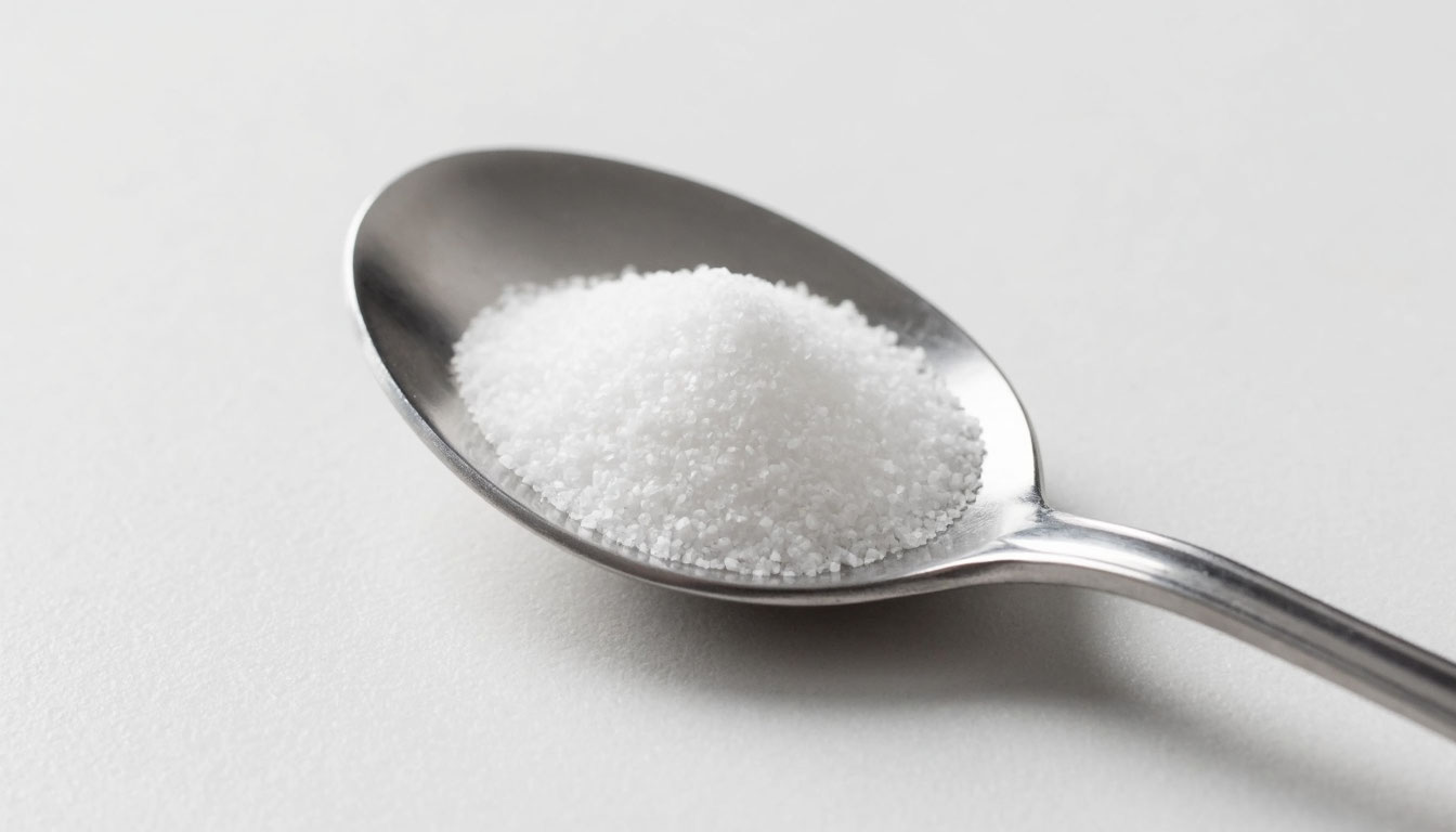 Чайная ложка белого сахара крупным планом.