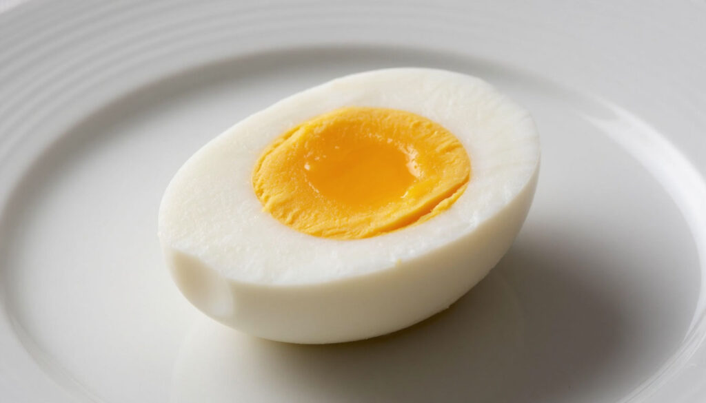 Вареное куриное яйцо в разрезе на тарелке
