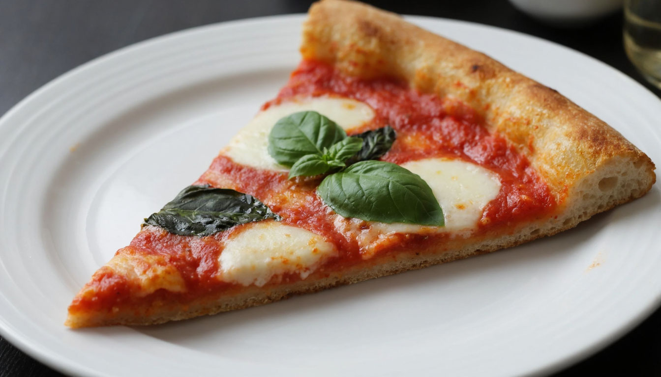 Кусок пиццы Маргарита на тарелке