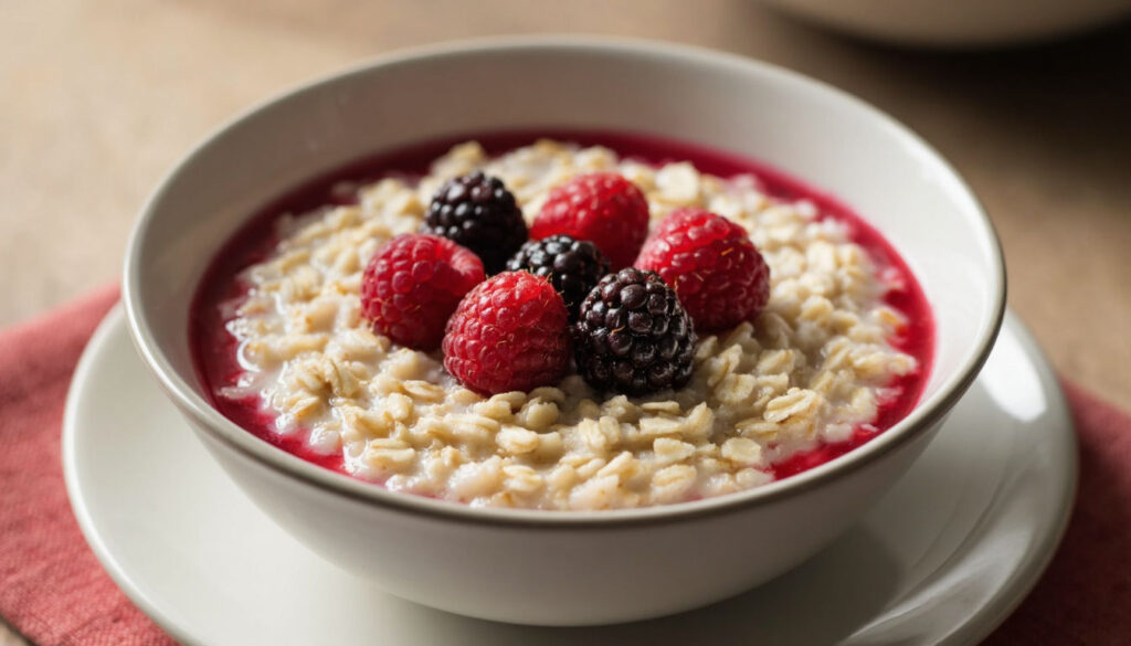 Овсяная каша на воде с ягодами в тарелке