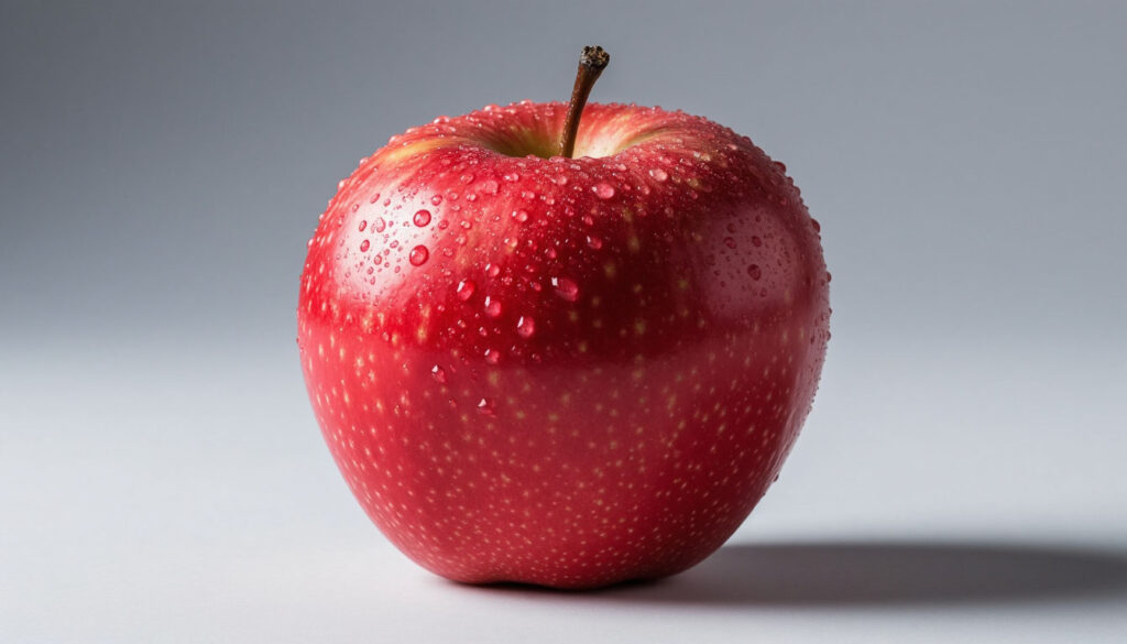 Спелое красное яблоко сорта Фуджи с каплями воды