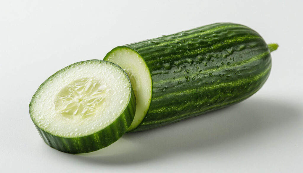 Свежий средний огурец в разрезе с каплями воды на светлом фоне