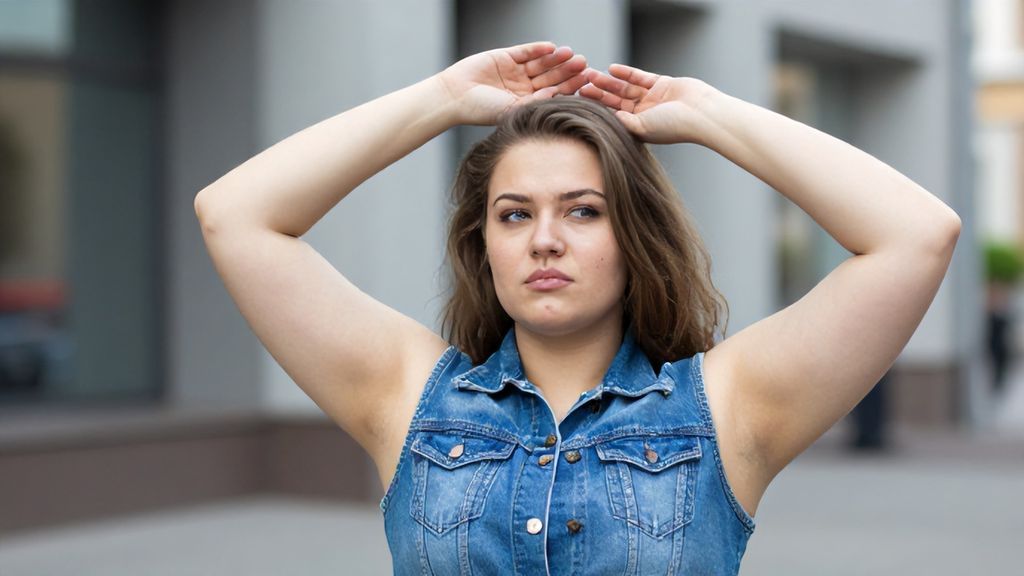 Девушка в жилетке с поднятыми руками и гладкой кожей