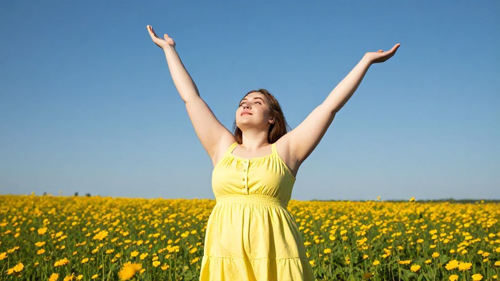 Девушка в сарафане с гладкими подмышками на фоне природы