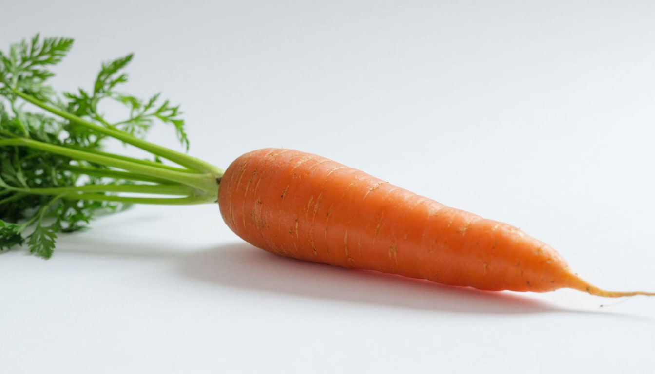 Целая свежая сырая морковь с ботвой на светлом фоне