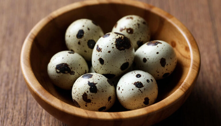 Группа пятнистых перепелиных яиц в деревянной чаше, крупный план