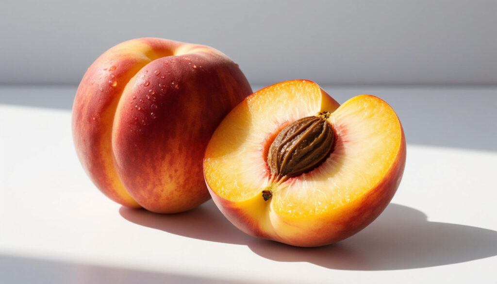 Сочный персик в разрезе крупным планом, расчет калорийности и питательной ценности свежих фруктов