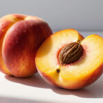 Сочный персик в разрезе крупным планом, расчет калорийности и питательной ценности свежих фруктов