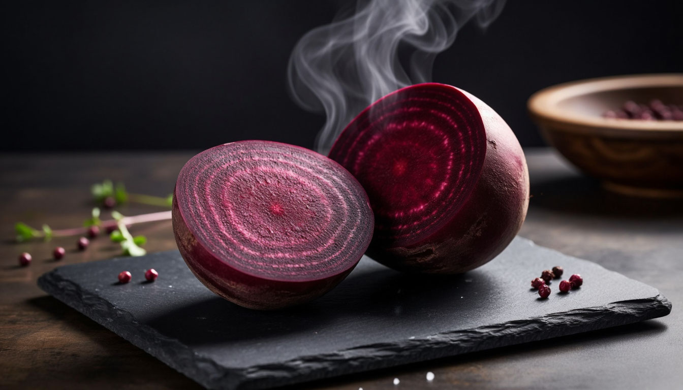 Вареная свекла в разрезе на тарелке, калорийность и состав вареного корнеплода для похудения