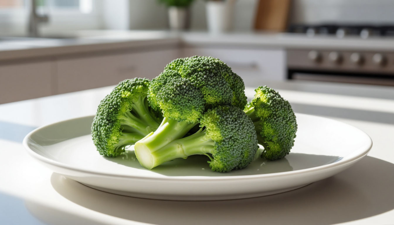 Порция свежей брокколи весом 200 грамм на тарелке