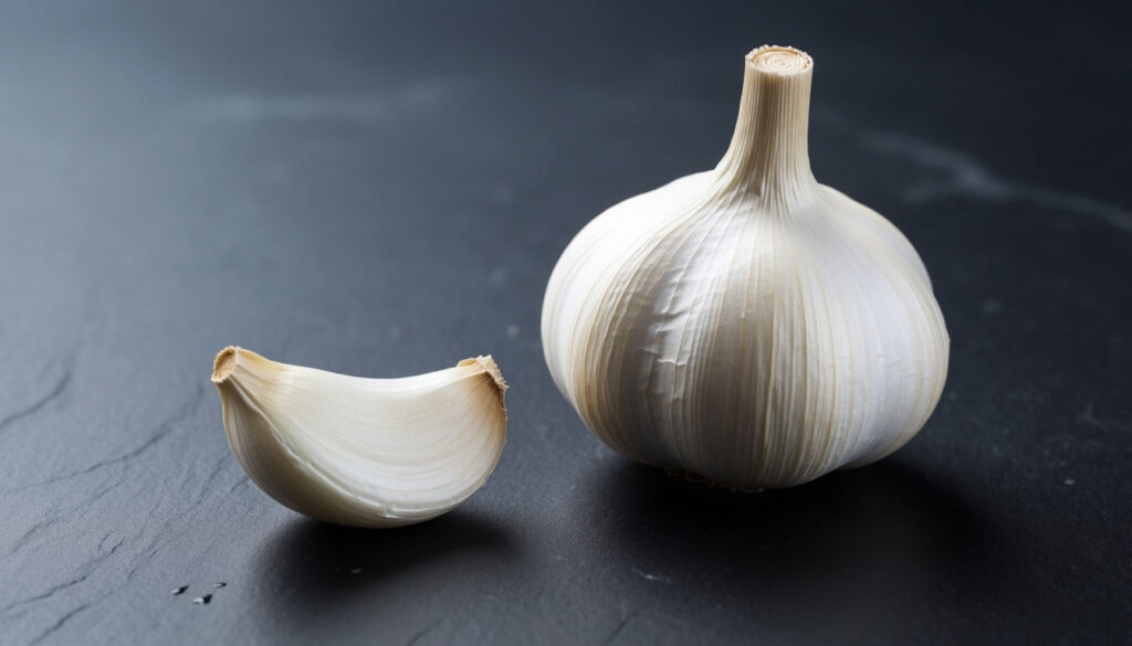 Один очищенный зубчик чеснока и головка чеснока крупным планом