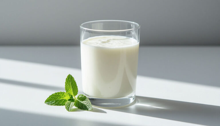 Стакан свежего кефира 1% жирности на светлом фоне