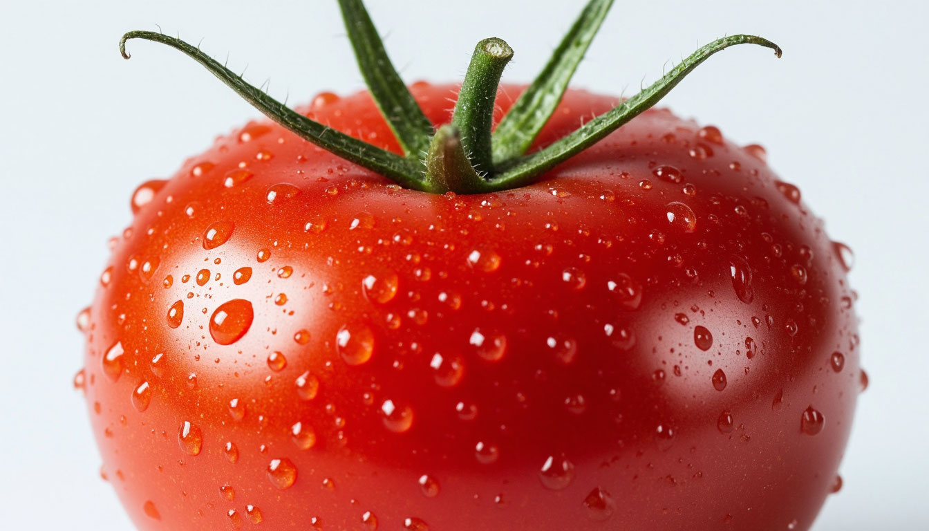 Спелый красный помидор с каплями воды крупным планом