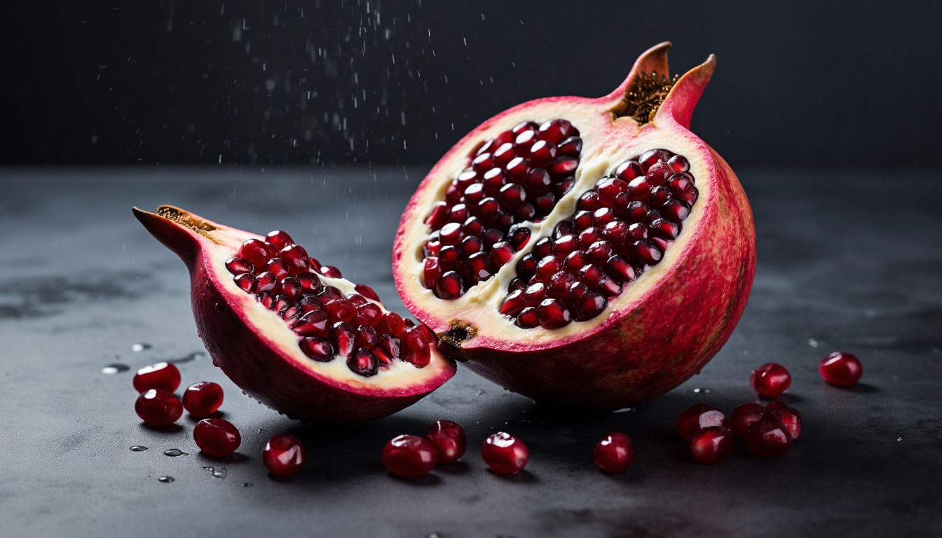 Спелый разломанный гранат с красными зернами и косточками