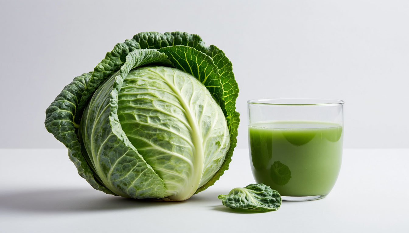 Свежая капуста и капустный сок на светлом фоне