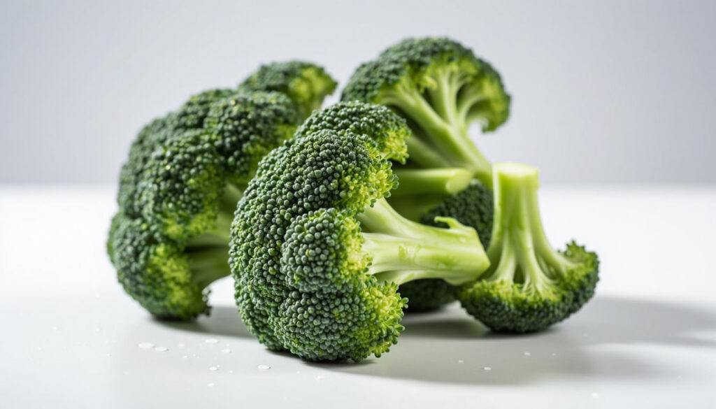 Свежие соцветия брокколи на белом фоне, анализ содержания пуринов в капусте для диетического питания.