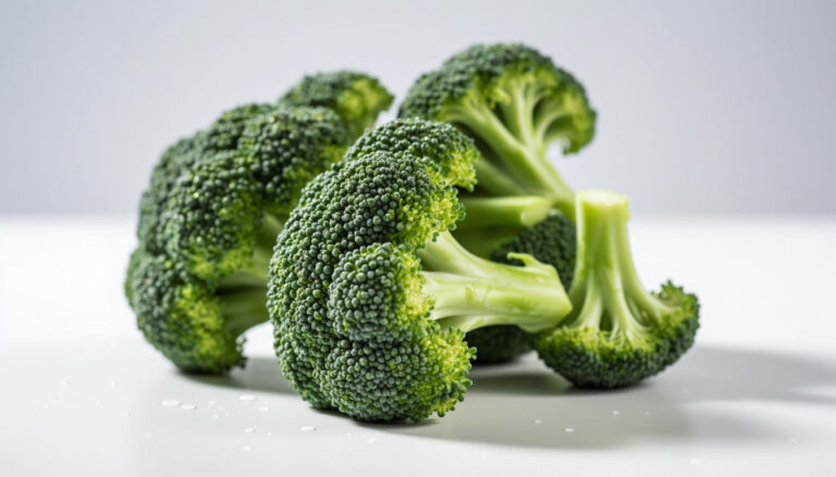 Свежие соцветия брокколи на белом фоне, анализ содержания пуринов в капусте для диетического питания.