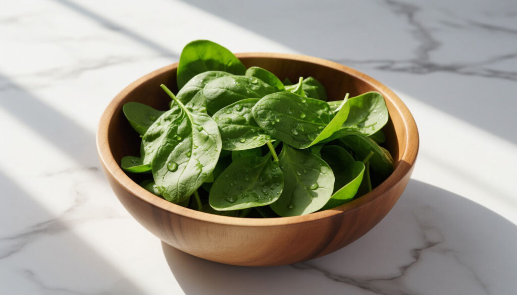 Свежие листья шпината в тарелке, содержание пуринов в зелени и влияние на мочевую кислоту.