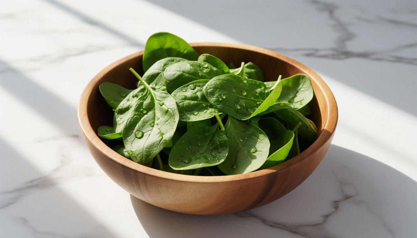 Свежие листья шпината в тарелке, содержание пуринов в зелени и влияние на мочевую кислоту.