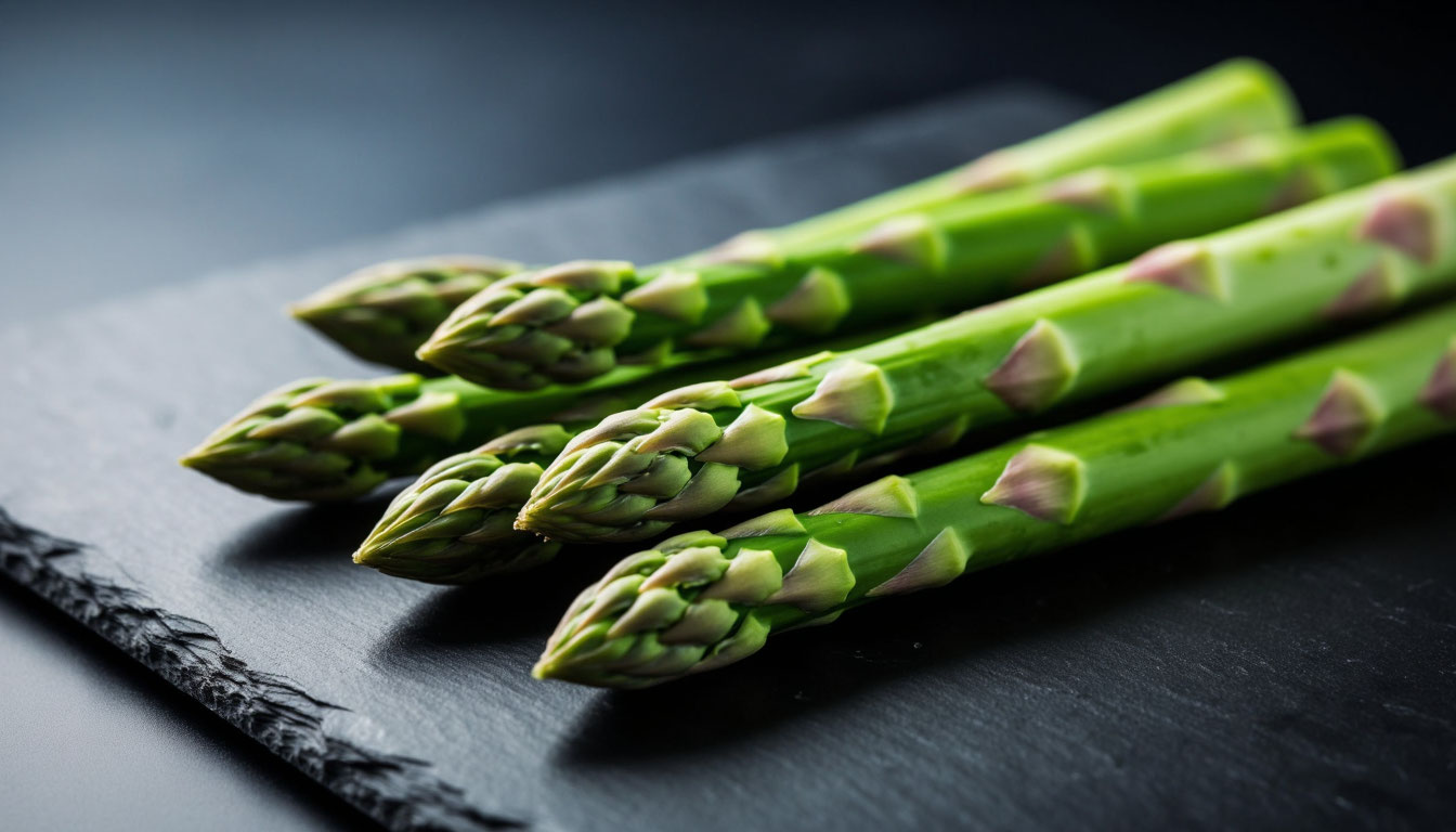 Свежие стебли зеленой спаржи на темной поверхности — анализ содержания пуринов для рациона ЗОЖ.