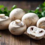Свежие шампиньоны на деревянном столе — содержание пуринов и польза грибов для здорового питания.