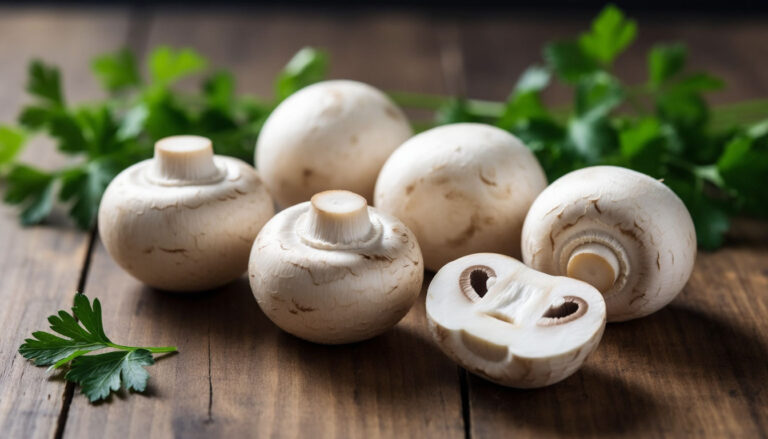 Свежие шампиньоны на деревянном столе — содержание пуринов и польза грибов для здорового питания.