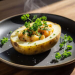 Запеченный картофель с зеленью на темном фоне, демонстрирующий диетический подход к питанию при контроле пуринов.