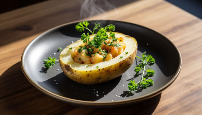 Запеченный картофель с зеленью на темном фоне, демонстрирующий диетический подход к питанию при контроле пуринов.
