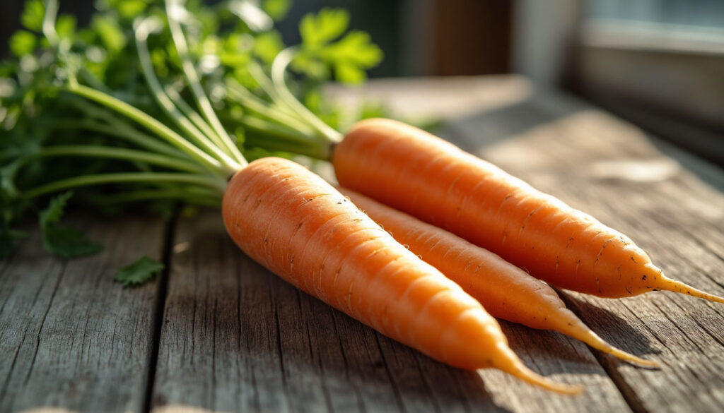 Свежая морковь на деревянном столе для диетического питания и контроля пуринов.