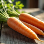 Свежая морковь на деревянном столе для диетического питания и контроля пуринов.