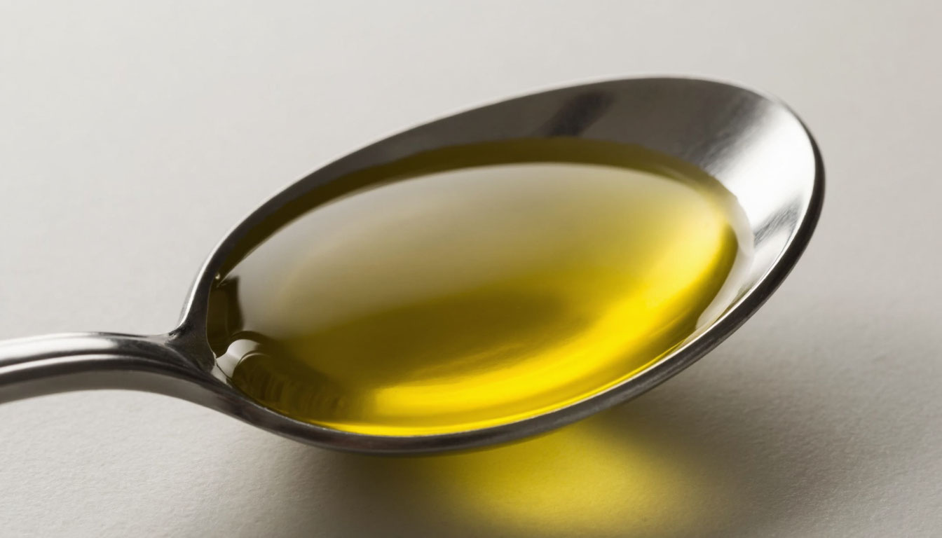 Оливковое масло в столовой ложке крупным планом