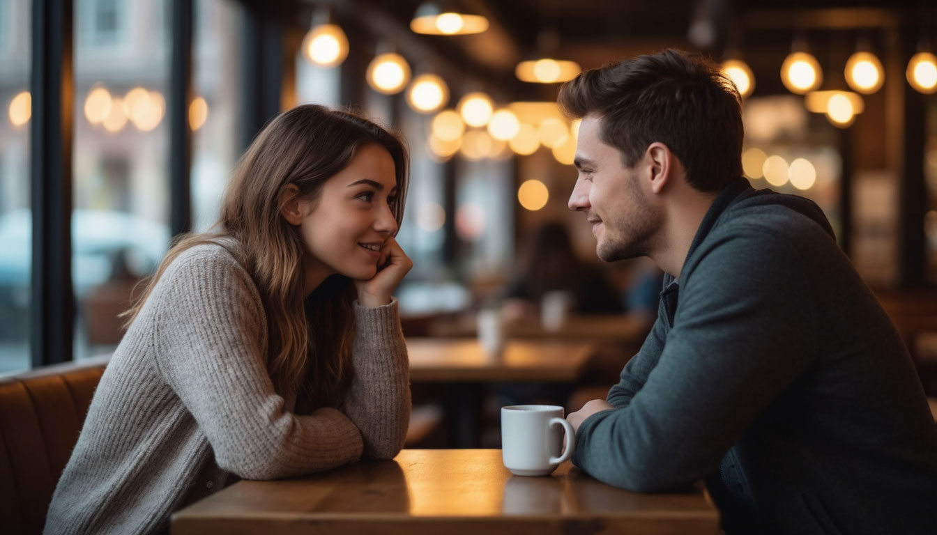 Девушка наклоняется к собеседнику в кафе знак интереса