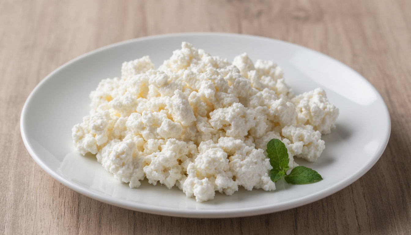 Свежий рассыпчатый творог 5 процентов жирности в тарелке