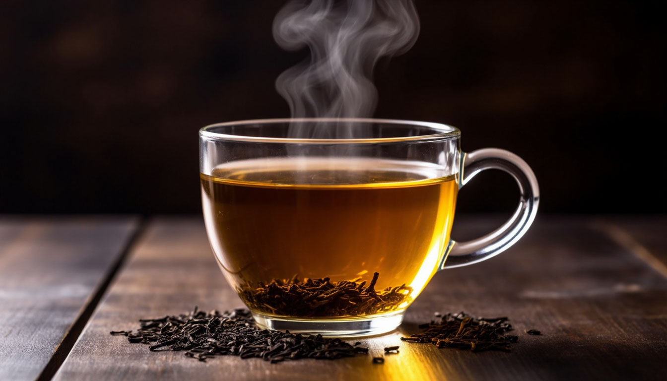 Процесс заваривания крупнолистового черного чая в стеклянной посуде