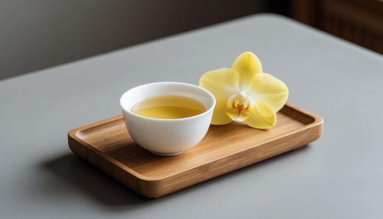 Традиционная подача желтого чая в белом фарфоре