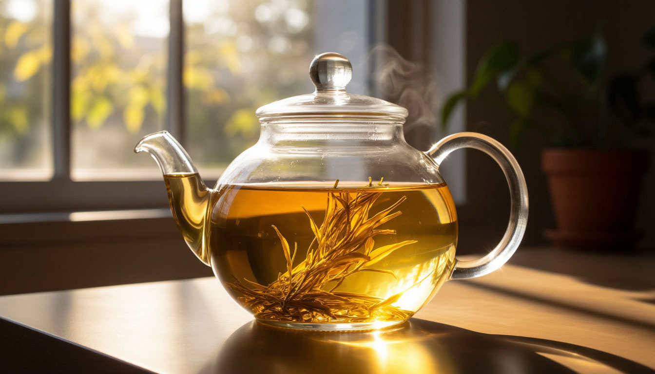 Процесс заваривания желтого чая в стеклянном чайнике
