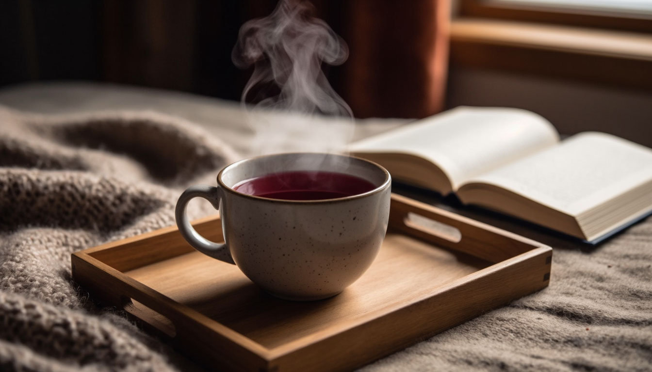 Чашка красного ройбоса в уютной домашней обстановке
